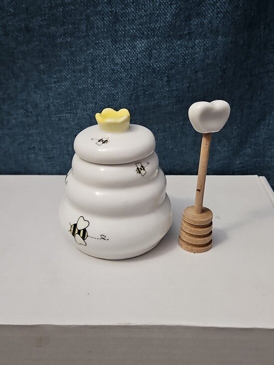Unbranded Other - Mini Ceramic Beehive Honey Pot with Wooden Dipper | 3" Bee Theme Kitchen Decor